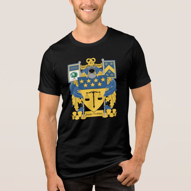 Delta Upsilon Fraternity Blue & Gold Coat of Arms Tri-Blend Shirt (Front)