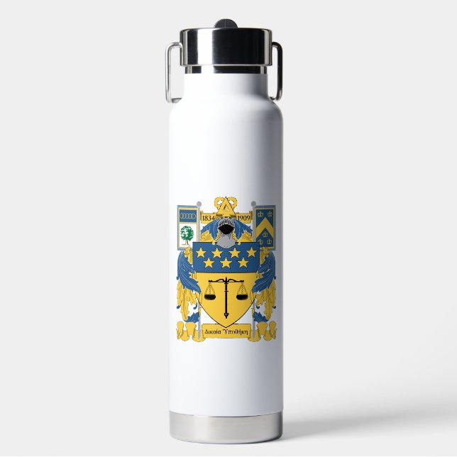 Delta Upsilon Fraternity Blue & Gold Coat of Arms Water Bottle (Front)