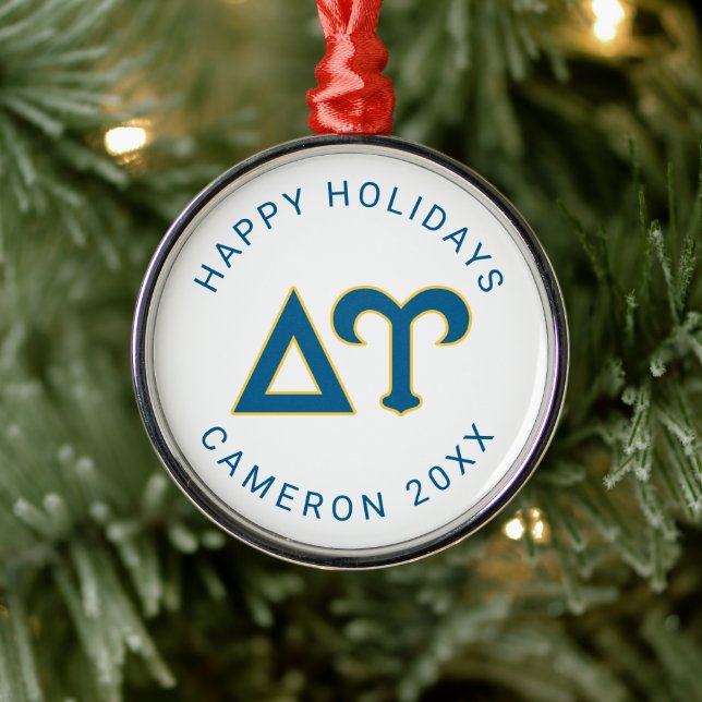 Delta Upsilon Fraternity Greek Letters Blue & Gold Metal Ornament (Tree)