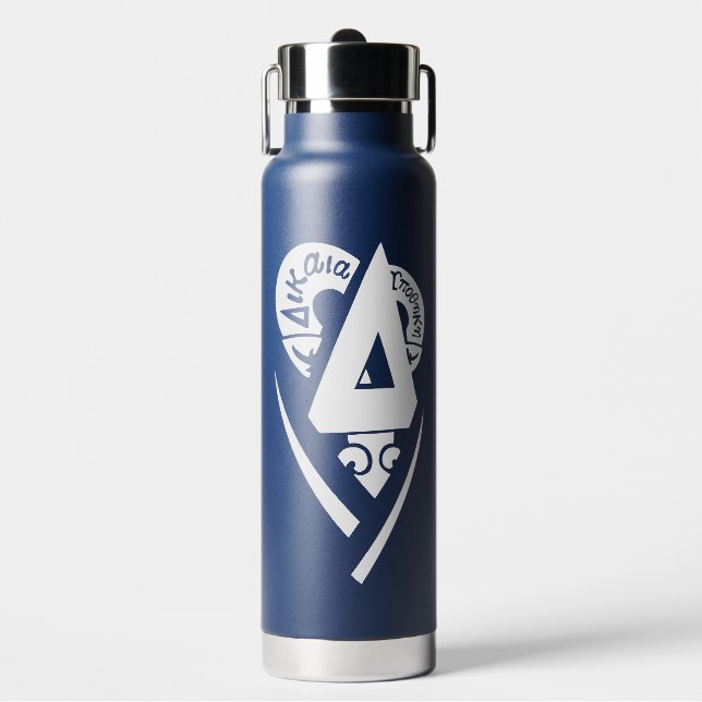Delta Upsilon Fraternity Logo White on Blue Water Bottle (Front)