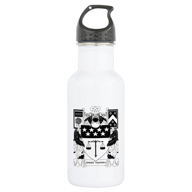 Delta Upsilon Fraternity Official Coat of Arms BW Stainless Steel Water Bottle (Front)