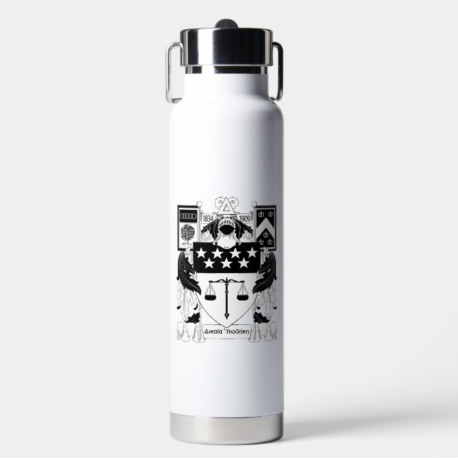 Delta Upsilon Fraternity Official Coat of Arms BW Water Bottle (Front)