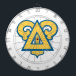 Delta Upsilon Fraternity Triangle Blue & Gold Dart Board<br><div class="desc">This distinguished design prominently features the official logo of the Delta Upsilon Fraternity, rendered in its vibrant traditional colors of yellow and blue. The central element is a bold, equilateral triangle, encompassing a smaller, inverted inner triangle that creates a strong, pillar-like symbol. Elegant yellow scrollwork with blue outlines adorns the...</div>