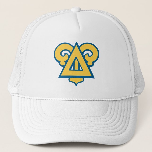 Delta Upsilon Fraternity Triangle Blue & Gold Trucker Hat (Front)
