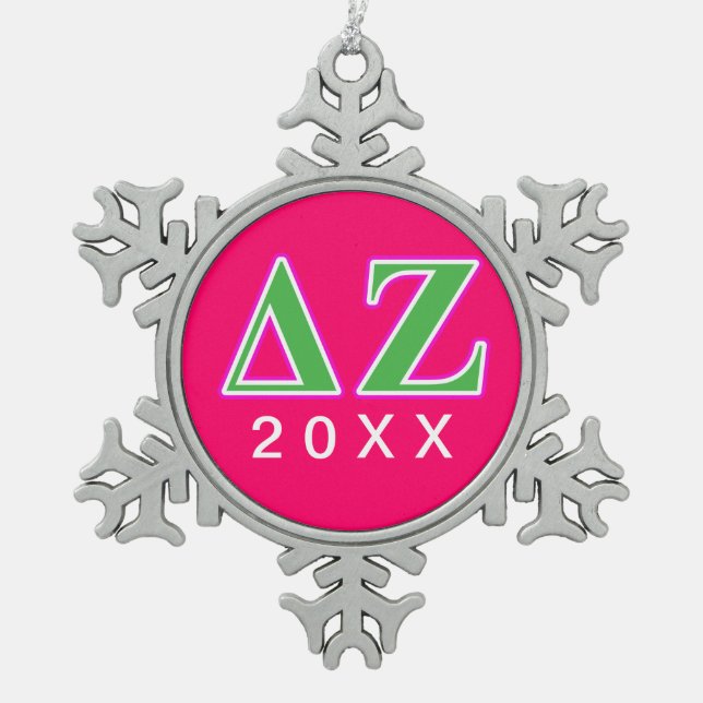 Delta Zeta Pink and Green Letters Snowflake Pewter Christmas Ornament (Front)