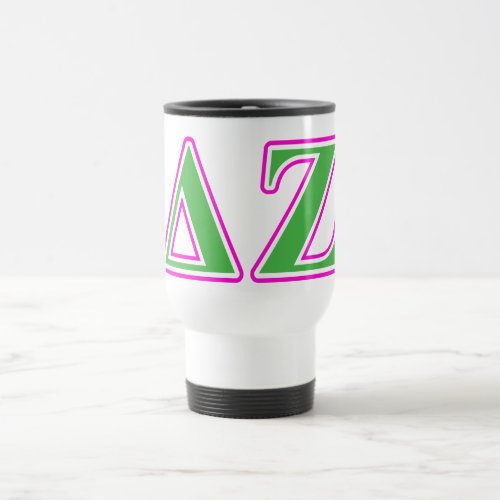 Delta Zeta Pink and Green Letters Travel Mug