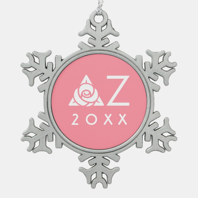 Delta Zeta Rose Icon White Snowflake Pewter Christmas Ornament (Front)