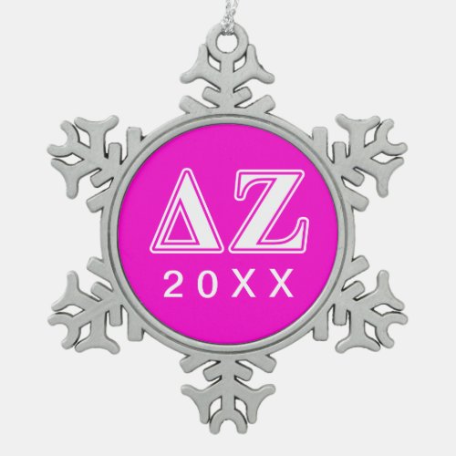 Delta Zeta White and Pink Letters Snowflake Pewter Christmas Ornament