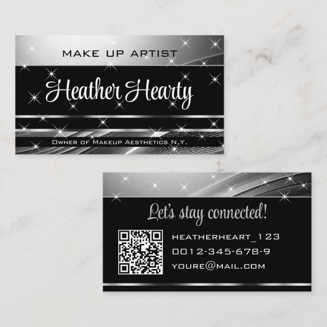 Deluxe Black Silver Gray Ombre Glitter and QR Code Business Card (Front/Back)