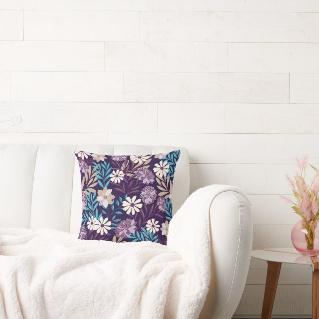 Deluxe Blue & Burgundy Floral Throw Pillow (Couch)