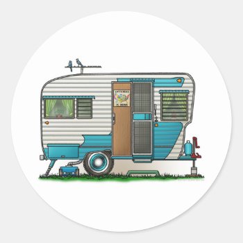 Deluxe Camper Trailer Classic Round Sticker by art1st at Zazzle
