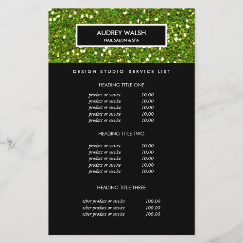 Deluxe Glittery Green Salon Pricing  Services Flyer