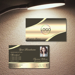 Deluxe Gold Brown Curved Decor Lines Logo Photo Business Card