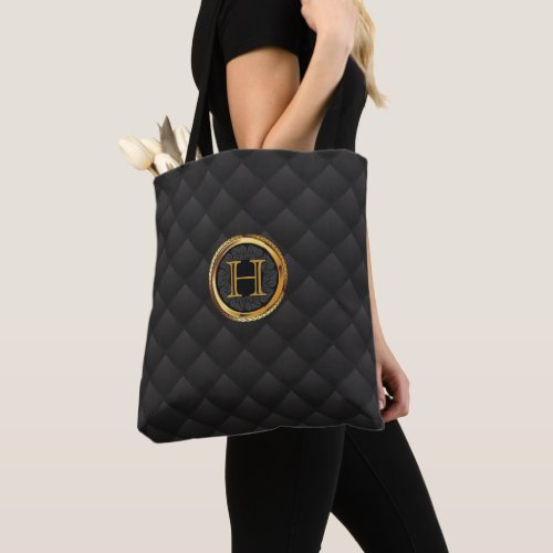 Deluxe Gold Monogram Luxury Black Diamond Pattern Tote Bag