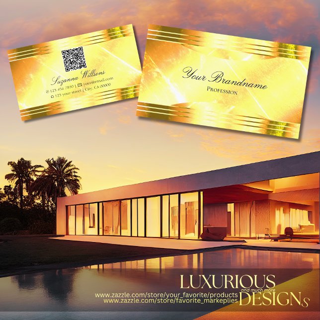 Deluxe Shimmery Yellow Gold Borders with QR Code Business Card (Creator Uploaded)