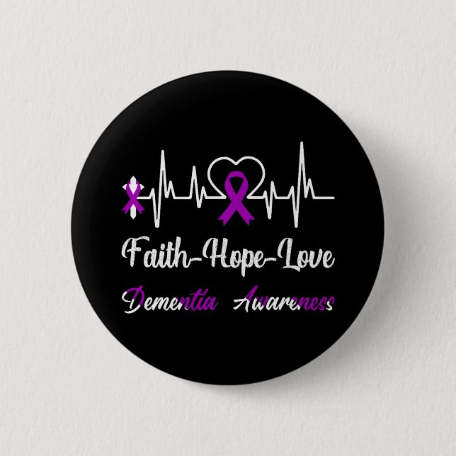 Dementia Awareness Heartbeat Christian Cross Purpl Button (Front)