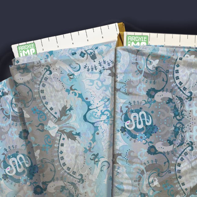 Demiboy Pride Flag Colors Dragon Damask Fabric (close-up with ruler)