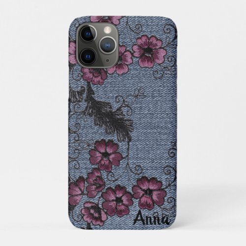  Demin Black Scrolls Pink Flowers iPhone 11 Pro Case