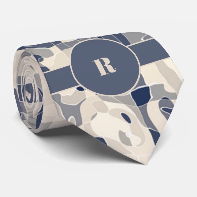Demin Blue and Taupe Abstract with Monogram Neck Tie (Rolled)