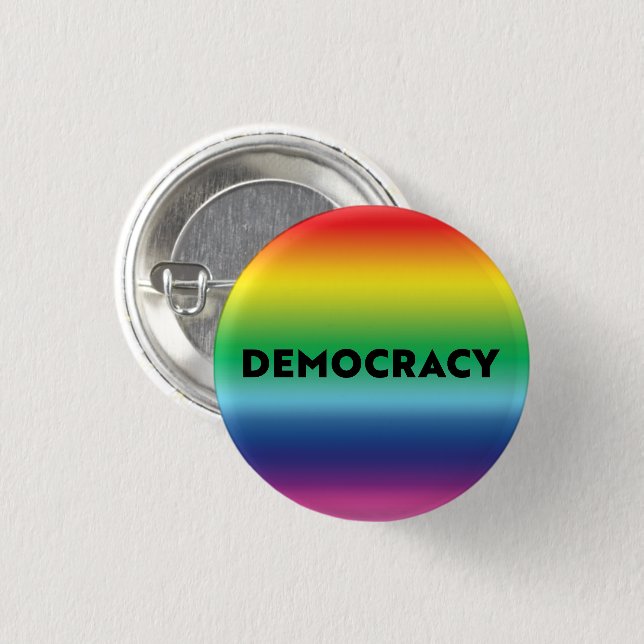 Democracy black text rainbow gradient lgbt pride button (Front & Back)