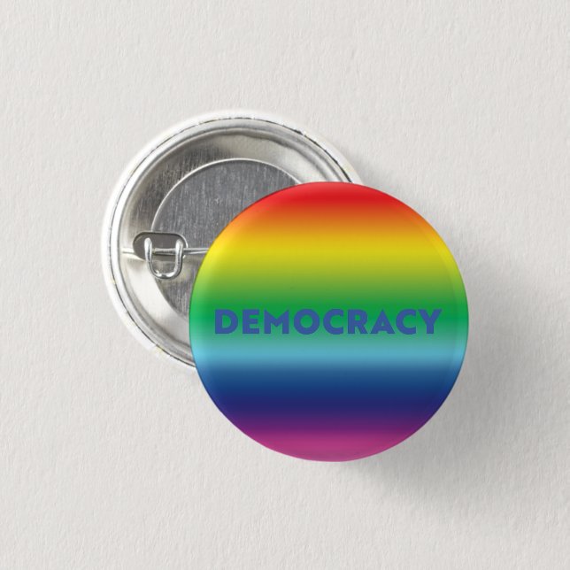 Democracy blue text rainbow gradient lgbt pride button (Front & Back)