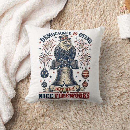 Democracy Dying Eagle Liberty Bell Fireworks Throw Pillow
