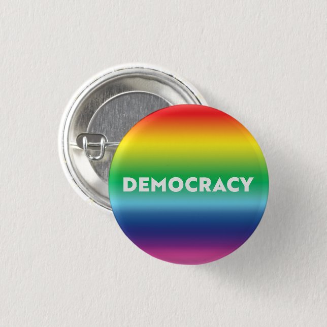 Democracy white text rainbow gradient lgbt pride button (Front & Back)
