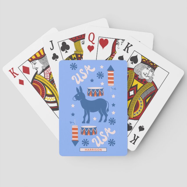 Democrat Donkey Monogram Name Red White Blue Poker Cards (Back)