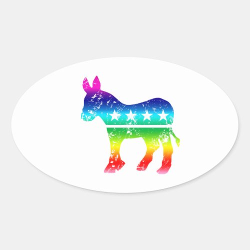 Democrat Original Donkey Distressed Rainbow Oval Sticker