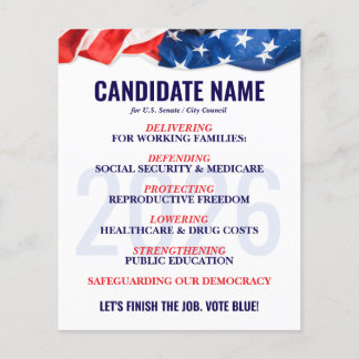 Democratic Candidate Election Campaign Push Card Flyer
