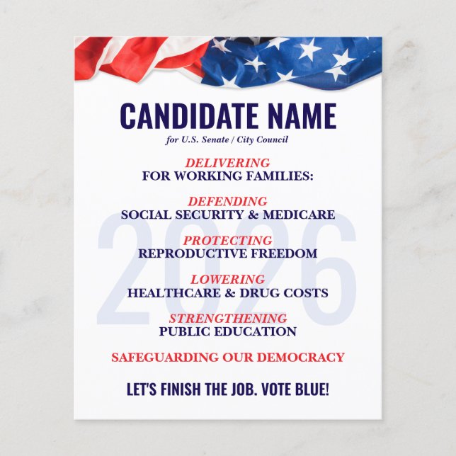 Democratic Candidate Election Campaign Push Card Flyer (Front)