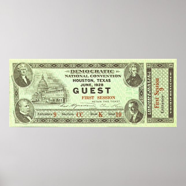 Democratic National Convention Ticket 1928 Poster (Front)