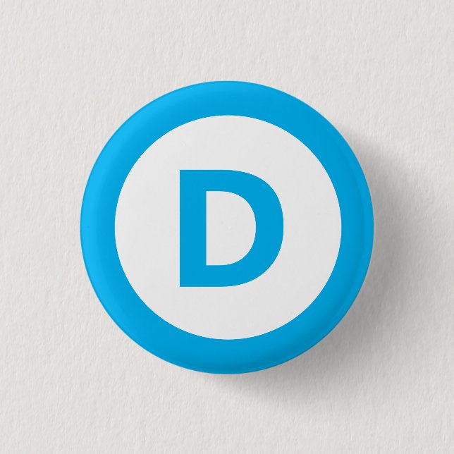 Democratic party logo in turquoise on white button (Front)
