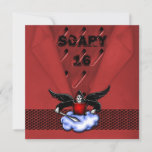 Demon Hunter Goth Red Scary 16th Birthday Invitation<br><div class="desc">Crimson red metal look with a parched folded paper overlay and a chain mail band with a black winged demon hunter on a cloud complete with a sword. Perfect for a teens 16th birthday.</div>