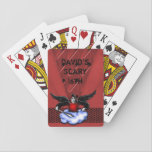 Demon Hunter Goth Red Scary 16th Birthday Playing Cards<br><div class="desc">Crimson red metal look with a parched folded paper overlay and a chain mail band with a black winged demon hunter on a cloud complete with a sword. Perfect for a teens 16th birthday.</div>