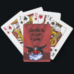 Demon Hunter Goth Red Scary 16th Birthday Poker Cards<br><div class="desc">Crimson red metal look with a parched folded paper overlay and a chain mail band with a black winged demon hunter on a cloud complete with a sword. Perfect for a teens 16th birthday.</div>