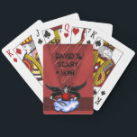 Demon Hunter Goth Red Scary 16th Birthday Poker Cards<br><div class="desc">Crimson red metal look with a parched folded paper overlay and a chain mail band with a black winged demon hunter on a cloud complete with a sword. Perfect for a teens 16th birthday.</div>