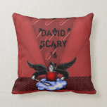 Demon Hunter Goth Red Scary 16th Birthday Throw Pillow<br><div class="desc">Crimson red metal look with a parched folded paper overlay and a chain mail band with a black winged demon hunter on a cloud complete with a sword. Perfect for a teens 16th birthday.</div>