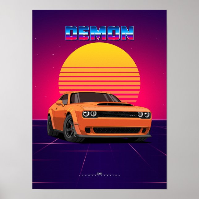 Demon Muscle Car Poster – Retro Synthwave Style (Front)