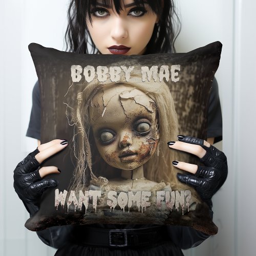 Demon Possessed Haunted Doll 80s Horror Movie Throw Pillow