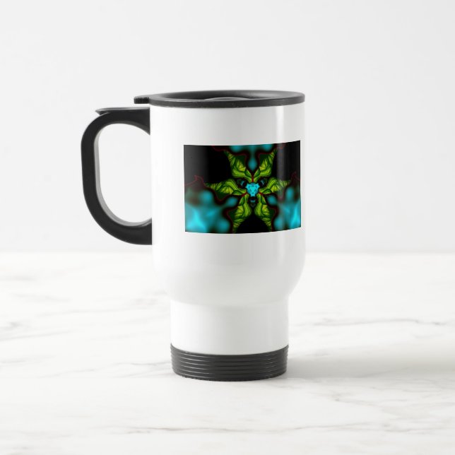 Demon Shadows – Emerald and Yellow Mask Travel Mug (Left)