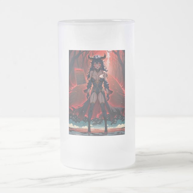 Demoness with Contact at Crossroads, Anime Demon Frosted Glass Beer Mug (Center)