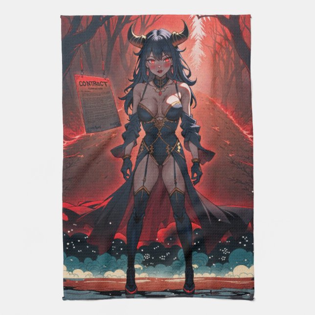 Demoness with Contact at Crossroads, Anime Demon Kitchen Towel (Vertical)