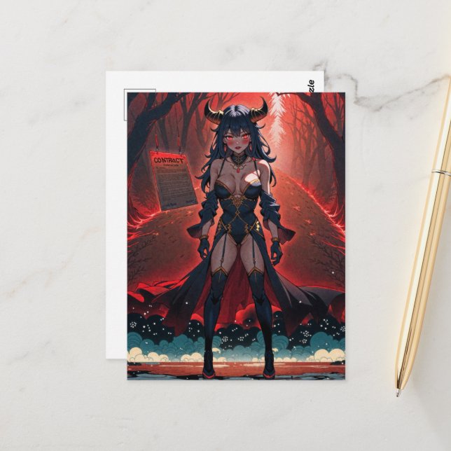 Demoness with Contact at Crossroads, Anime Demon Postcard (Front/Back In Situ)