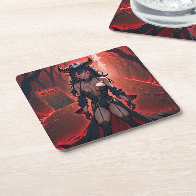 Demoness with Contact at Crossroads, Anime Demon Square Paper Coaster (Angled)