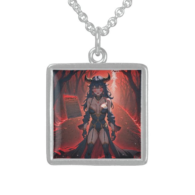 Demoness with Contact at Crossroads, Anime Demon Sterling Silver Necklace (Front)