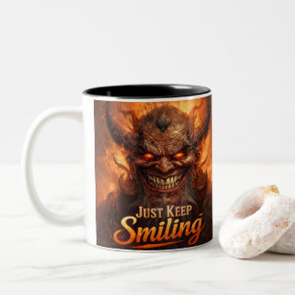 Demonic Grin “Just Keep Smiling” Design Two-Tone Coffee Mug