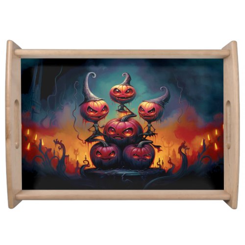 Demonic pumpkins in hell celebrate Happy Halloween Serving Tray