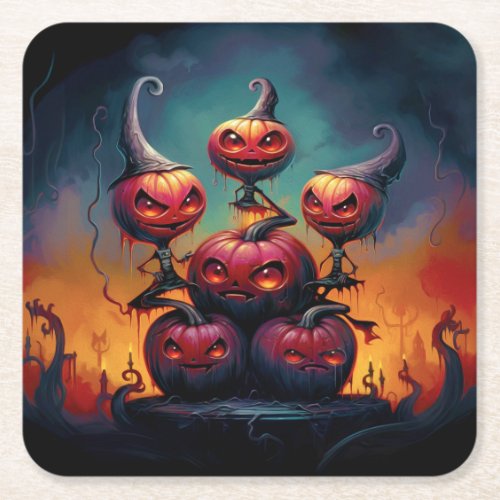 Demonic pumpkins in hell celebrate Happy Halloween Square Paper Coaster