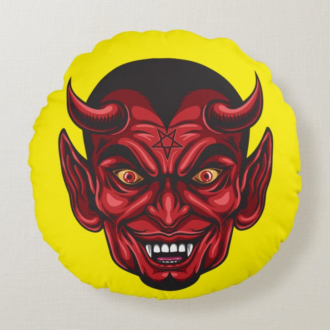 Demonic Red Horned Face Round Pillow (Front)